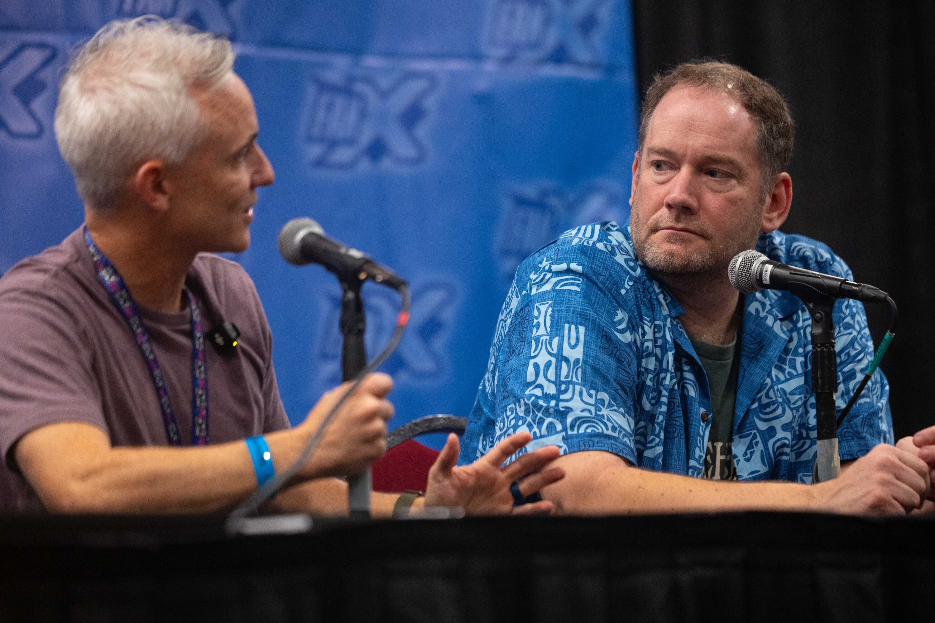 "Fablehaven" film director Cameron Sawyer speaks to the "Fablehaven" series author Brandon Mull during the FanX Salt Lake Comic Convention on Saturday. Mull expressed cautious optimism as the movie takes shape.