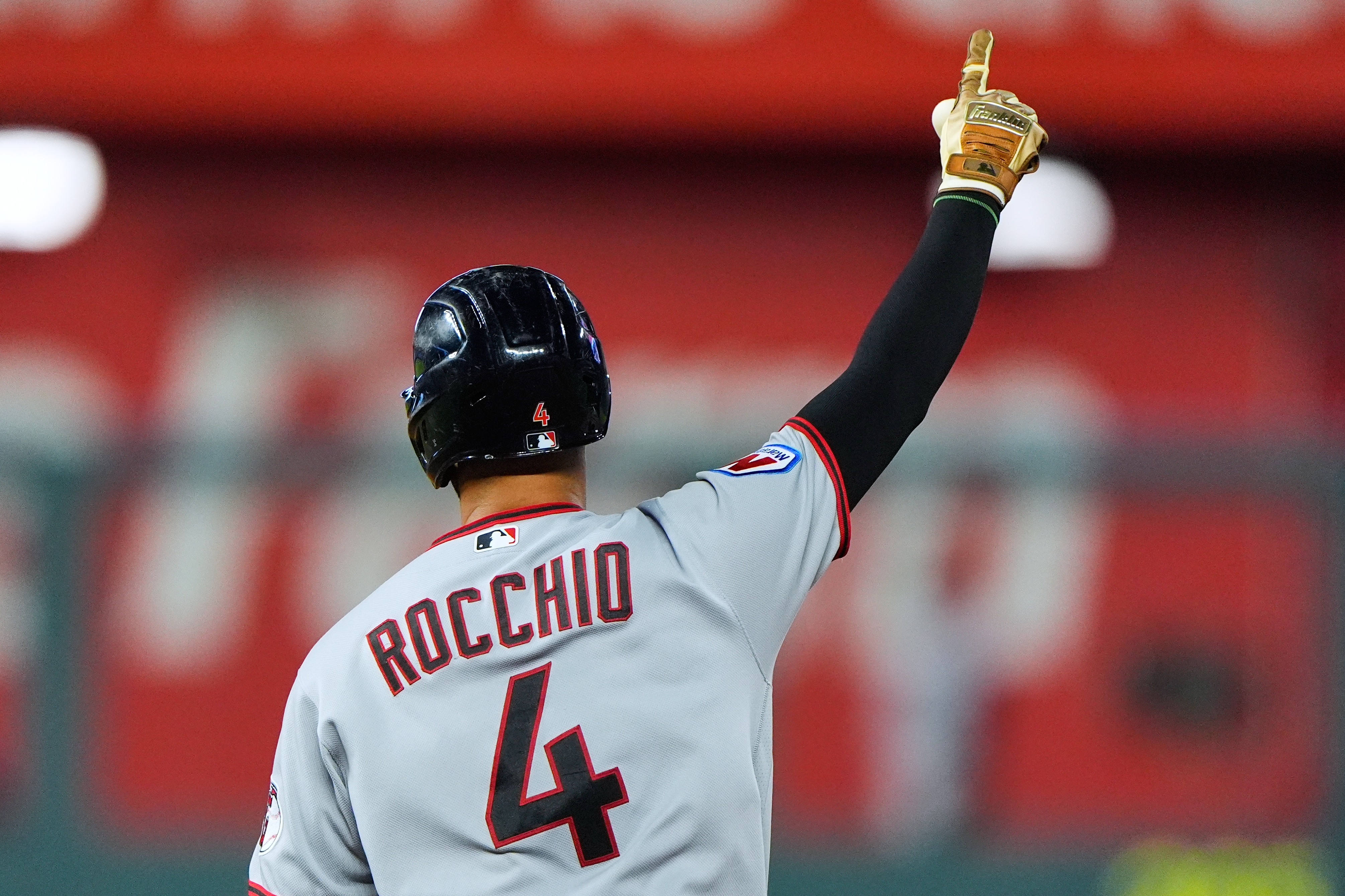 Cleveland Guardians' Brayan Rocchio celebrates as he runs the bases after hitting a solo home run during the seventh inning of a baseball game against the Kansas City Royals, Saturday, Sept. 26, 2026, in Kansas City, Mo. 