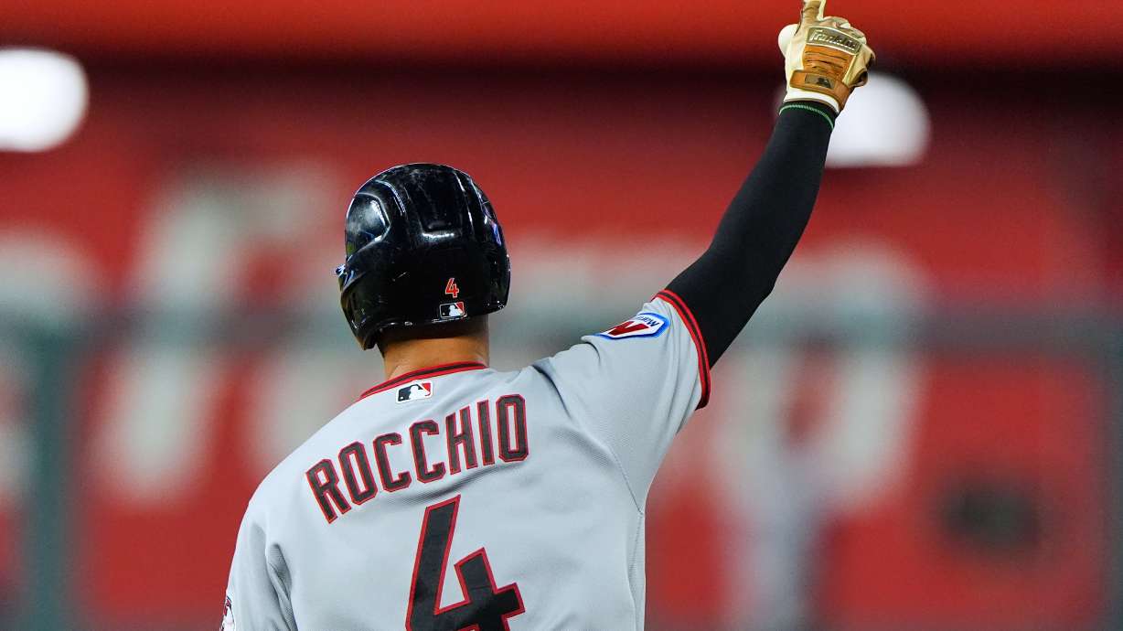 Cleveland Guardians' Brayan Rocchio celebrates as he runs the bases after hitting a solo home run during the seventh inning of a baseball game against the Kansas City Royals, Saturday, Sept. 26, 2026, in Kansas City, Mo.