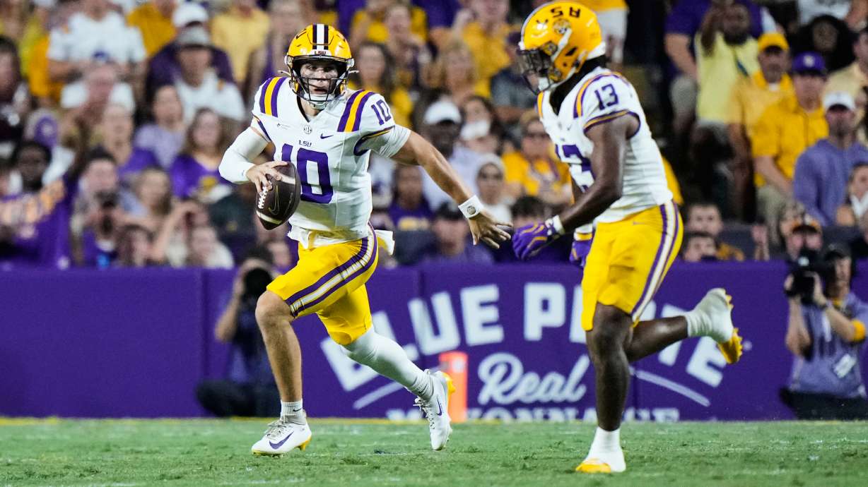 LSU quarterback Sam Leavitt (10) carries against Texas A&M in the first half of an NCAA college football game against LSU, Saturday, Sept. 26, 2026 in Baton Rouge, La.