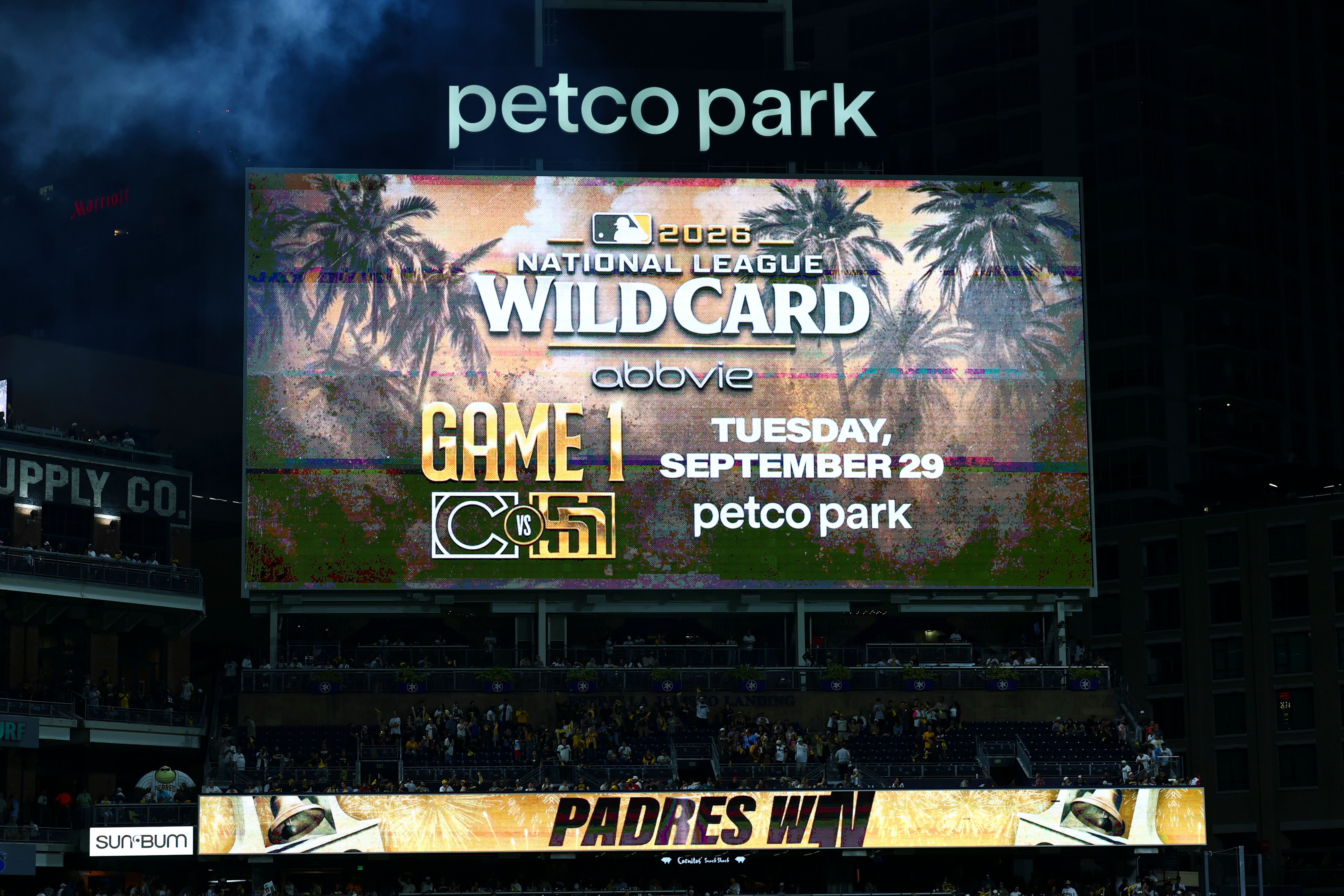 The score board at Petco Park showing the San Diego Padres will host the Chicago Cubs on Sept. 29 for the National League Wild Card series Saturday, Sept. 26, 2026, in San Diego. 