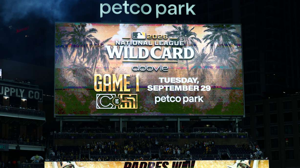 The score board at Petco Park showing the San Diego Padres will host the Chicago Cubs on Sept. 29 for the National League Wild Card series Saturday, Sept. 26, 2026, in San Diego.