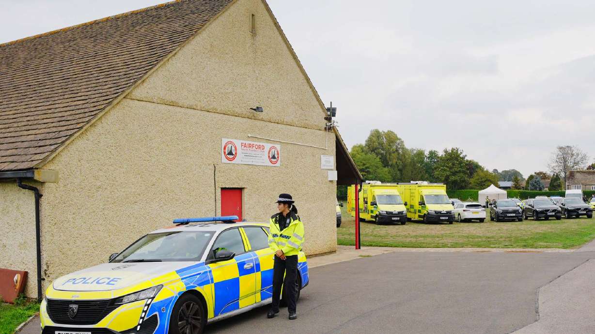 Emergency services at the scene of an incident close to RAF Fairford, in Whelford, England, Sunday.