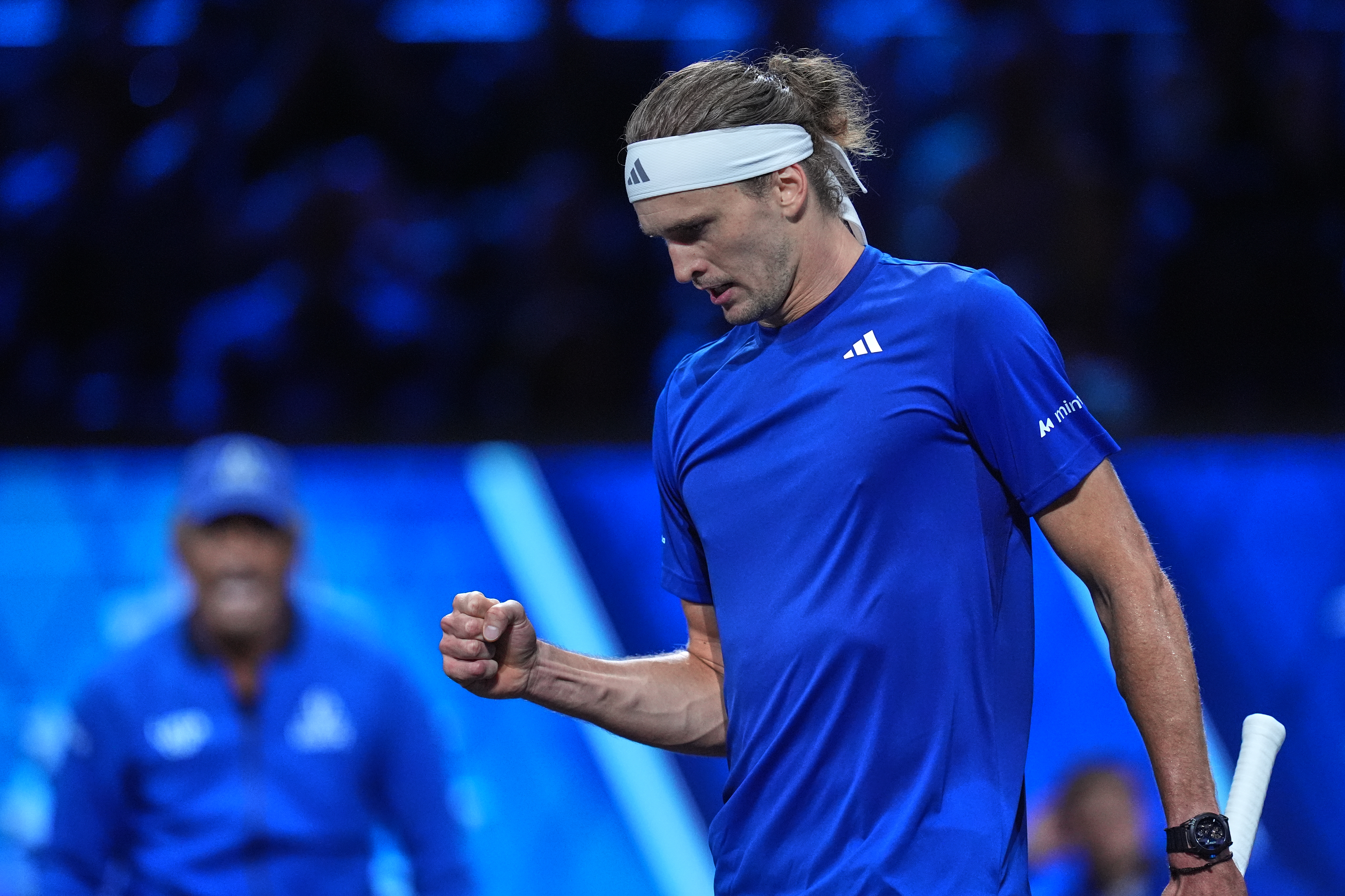 Team Europe's Alexander Zverev reacts after winning a point against Team World's Learner Tien during a Laver Cup tennis tournament match in London, Sunday, Sept. 27, 2026. 