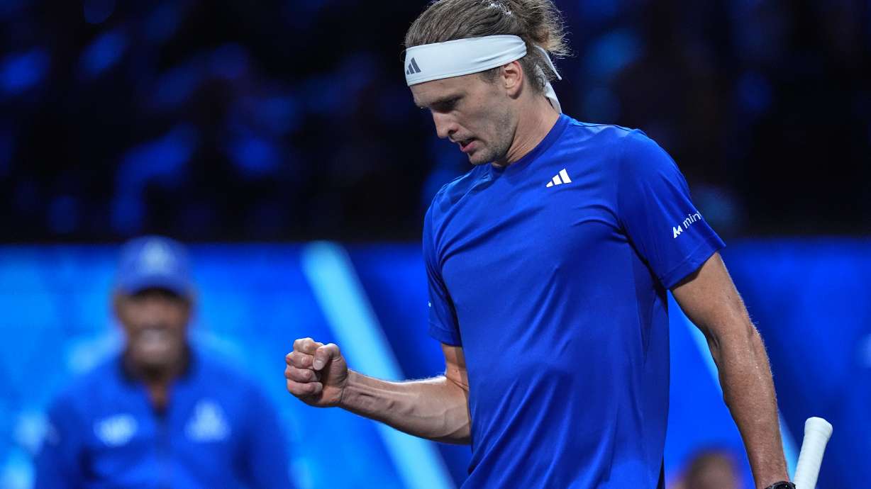 Team Europe's Alexander Zverev reacts after winning a point against Team World's Learner Tien during a Laver Cup tennis tournament match in London, Sunday, Sept. 27, 2026.