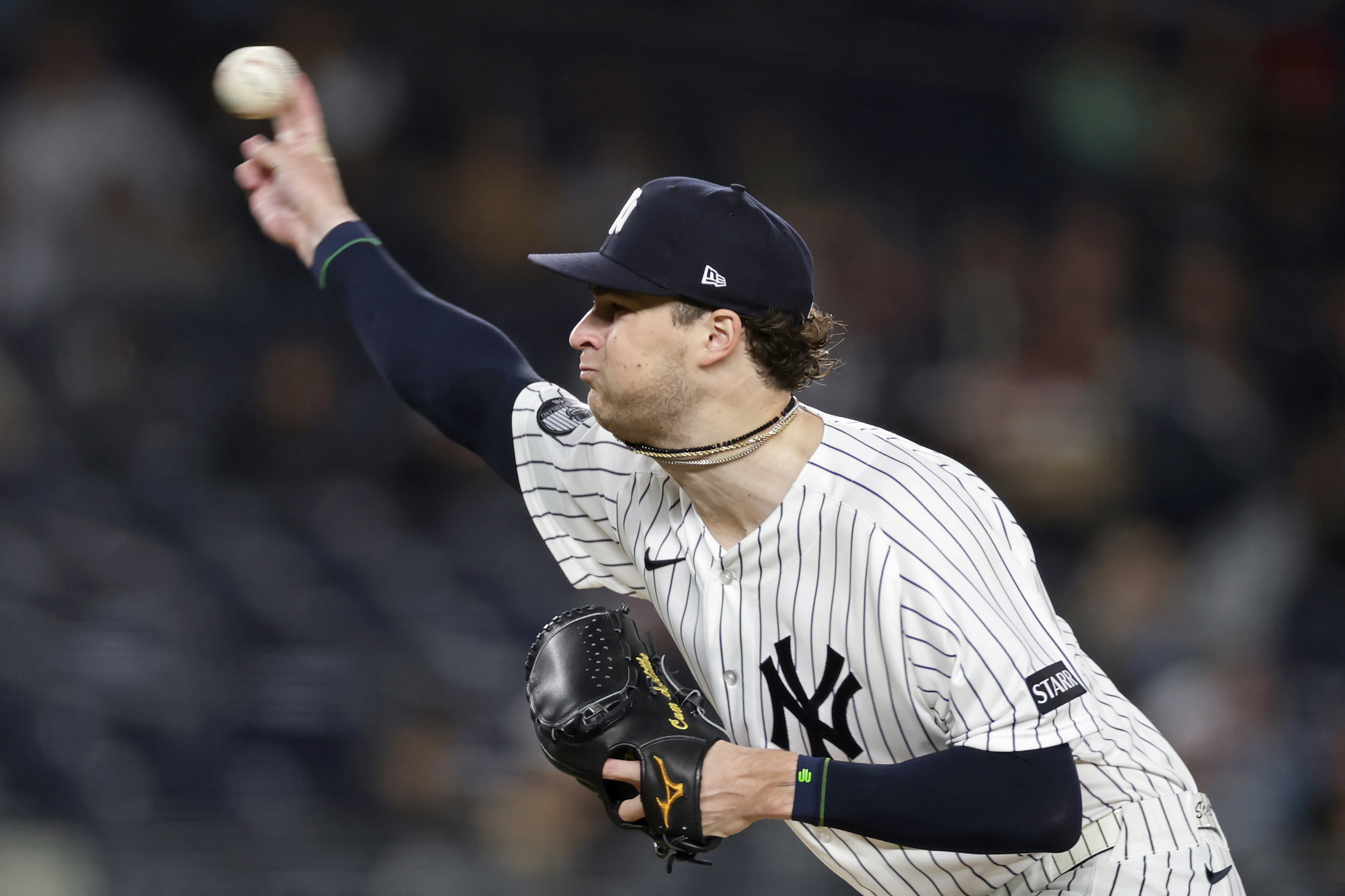 New York Yankees pitcher Cam Schlittler throws during the first inning of a baseball game against the Tampa Bay Rays, Thursday, Sept. 24, 2026, in New York. 