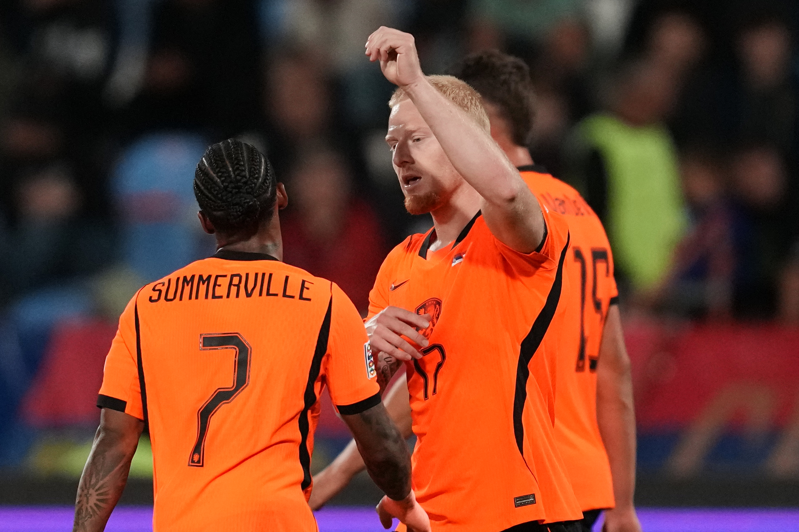 Netherlands' Mexx Meerdink celebrates with' Crysencio Summerville, left, after scoring his side's second goal during the Nations League soccer match between Serbia and the Netherlands in Belgrade, Serbia, Sunday, Sept. 27, 2026. 