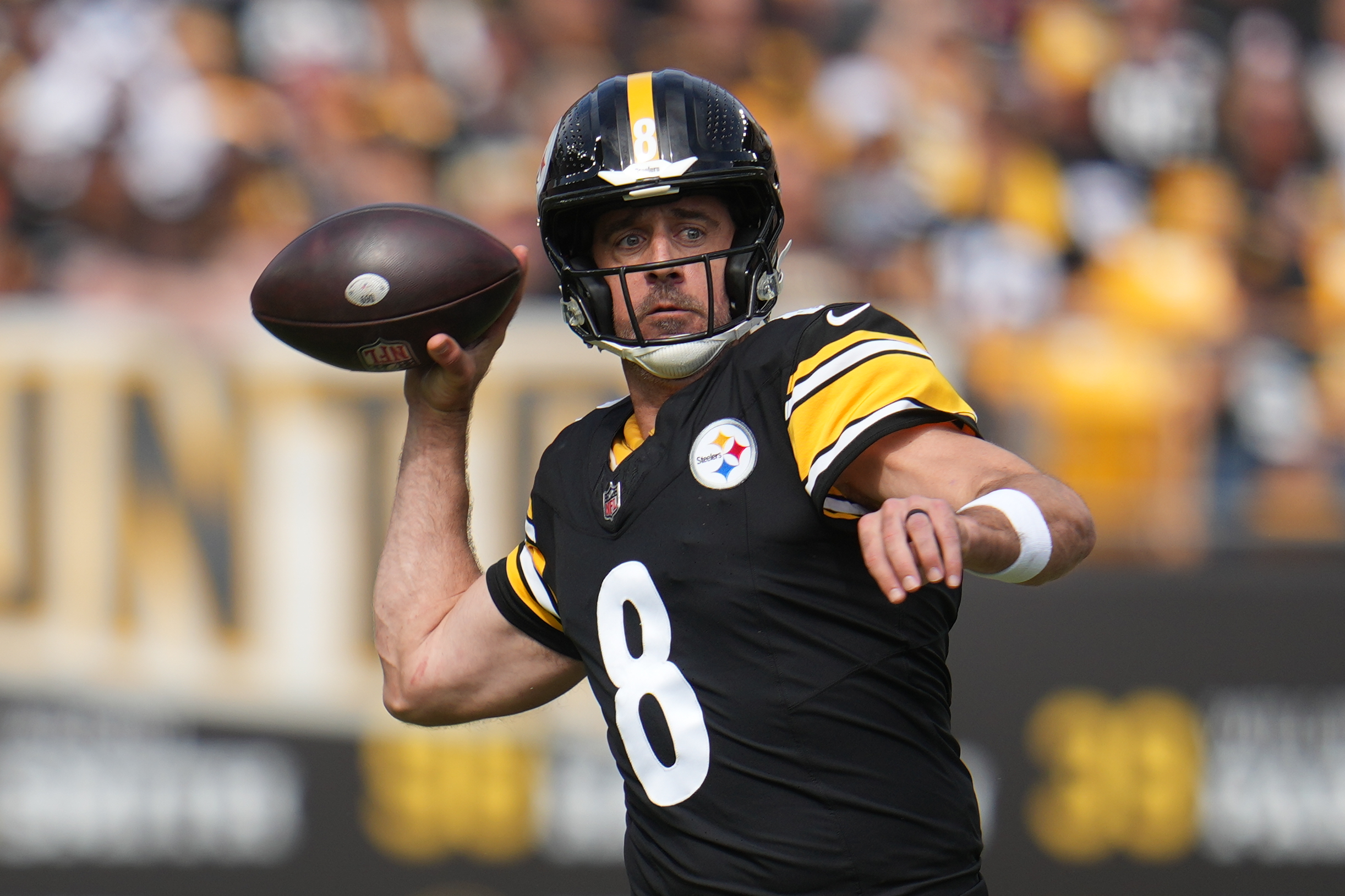 Pittsburgh Steelers quarterback Aaron Rodgers throws a pass during the first half of an NFL football game against the Cincinnati Bengals in Pittsburgh, Sunday, Sept. 27, 2026. 