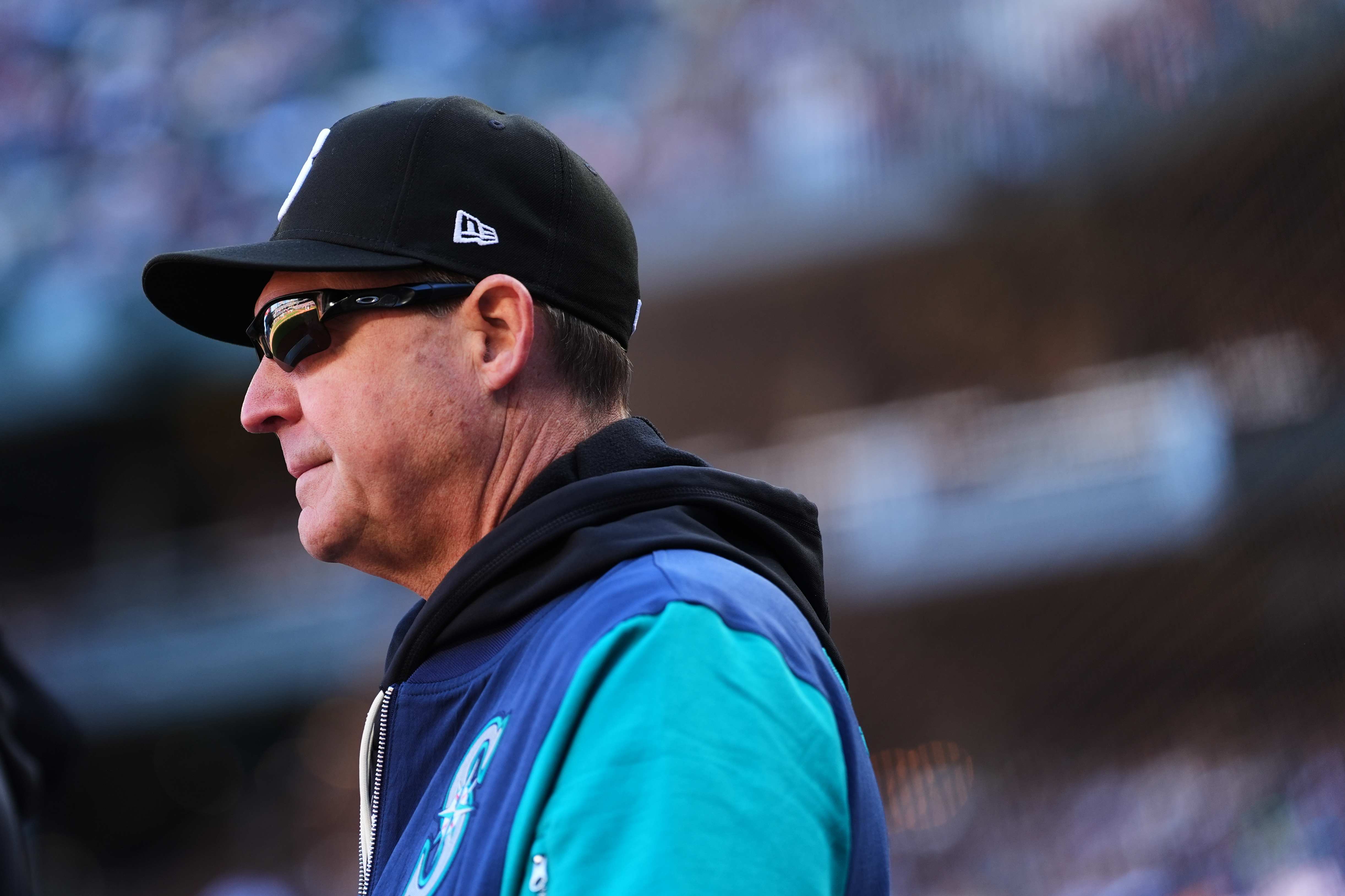 Seattle Mariners manager Dan Wilson looks on during the second inning of a baseball game against the Los Angeles Angels, Sunday, Sept. 27, 2026, in Seattle. 