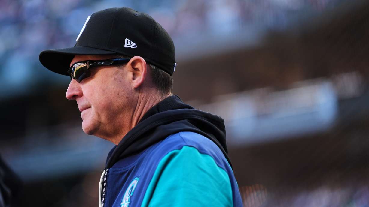 Seattle Mariners manager Dan Wilson looks on during the second inning of a baseball game against the Los Angeles Angels, Sunday, Sept. 27, 2026, in Seattle.