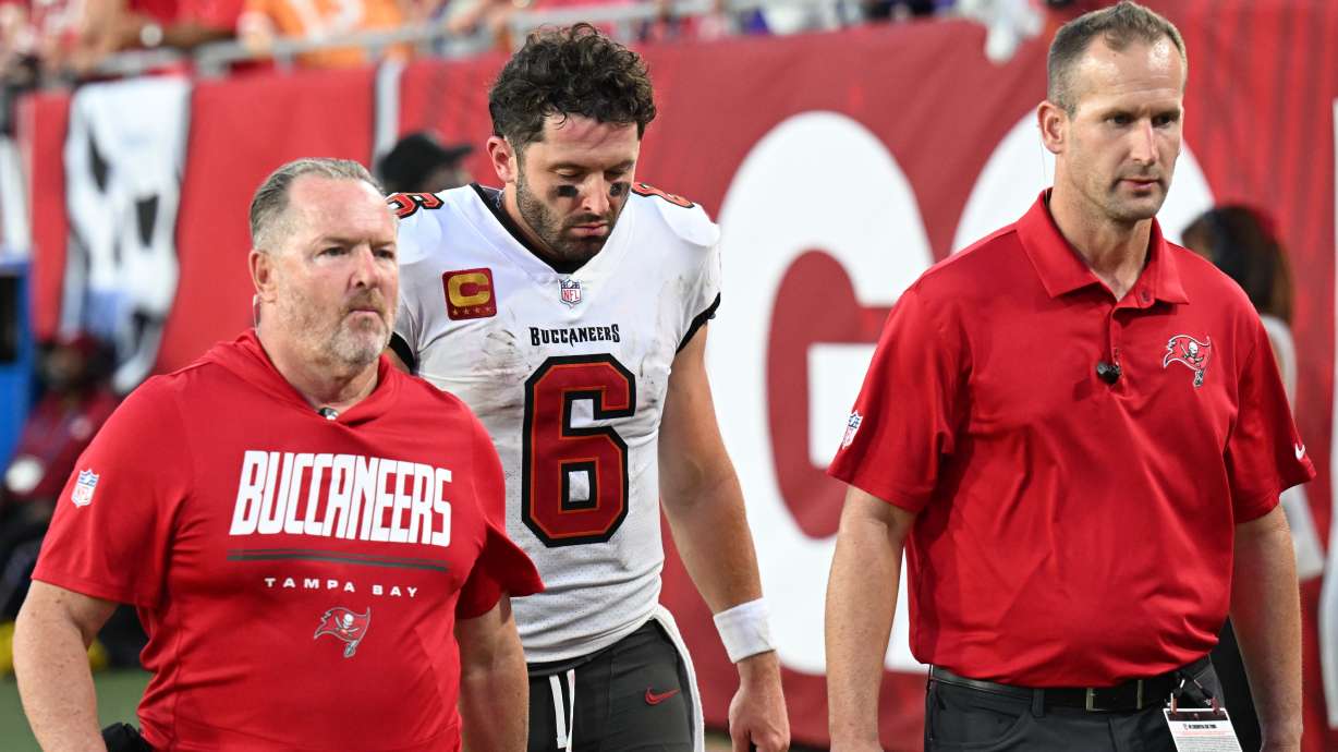 Tampa Bay Buccaneers quarterback Baker Mayfield (6) leaves the field during the second half of an NFL football game against the Minnesota Vikings in Tampa, Fla., Sunday, Sept. 27, 2026.