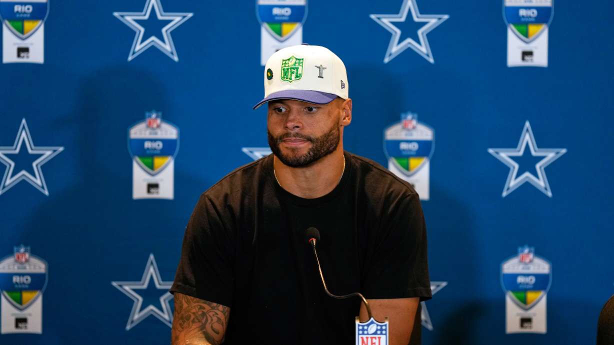 Dallas Cowboys quarterback Dak Prescott speaks during a press conference after an NFL football game against the Baltimore Ravens in Rio de Janeiro, Sunday, Sept. 27, 2026.