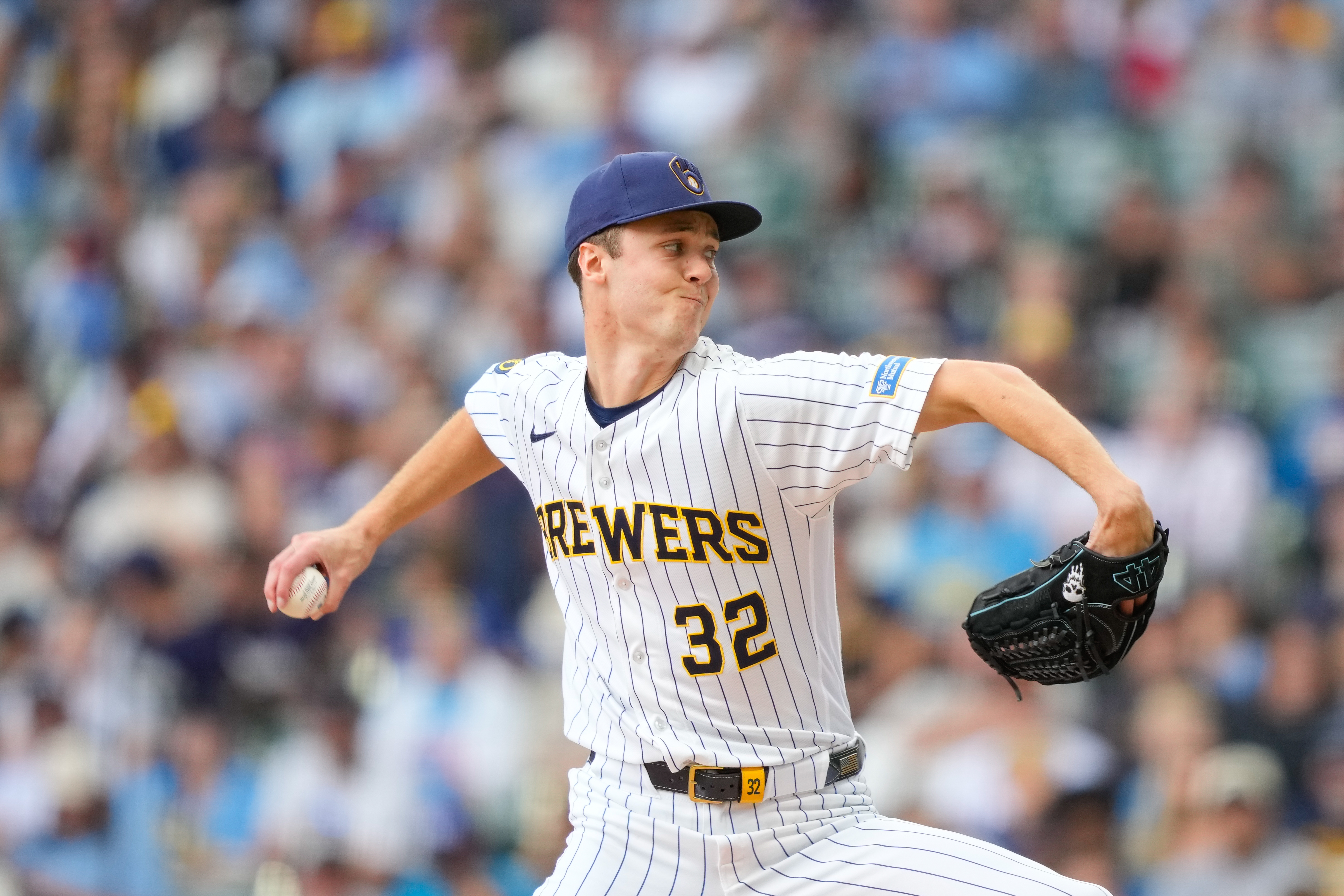 Milwaukee Brewers pitcher Jacob Misiorowski throws during the first inning of a baseball game against the St. Louis Cardinals, Sunday, Sept. 27, 2026, in Milwaukee. 