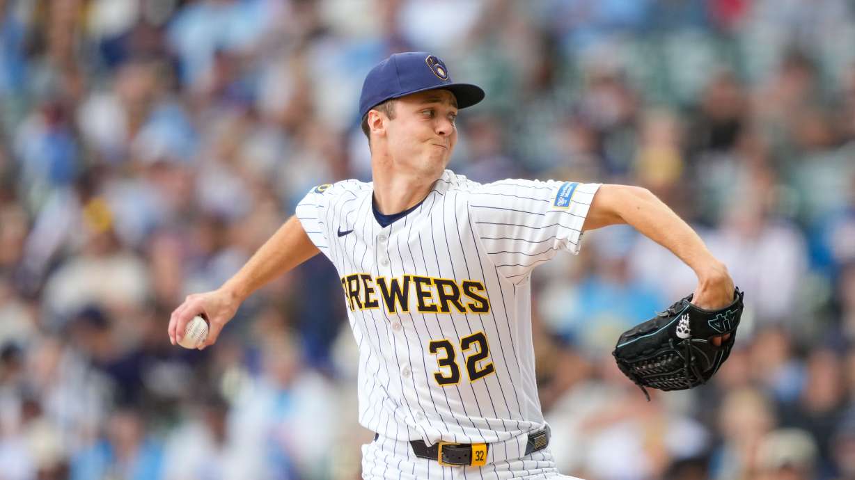 Milwaukee Brewers pitcher Jacob Misiorowski throws during the first inning of a baseball game against the St. Louis Cardinals, Sunday, Sept. 27, 2026, in Milwaukee.