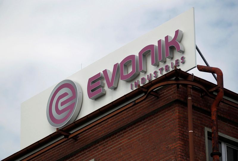 FILE PHOTO: The logo of German chemical company Evonik Industries is pictured at a factory in Darmstadt June 18, 2012.