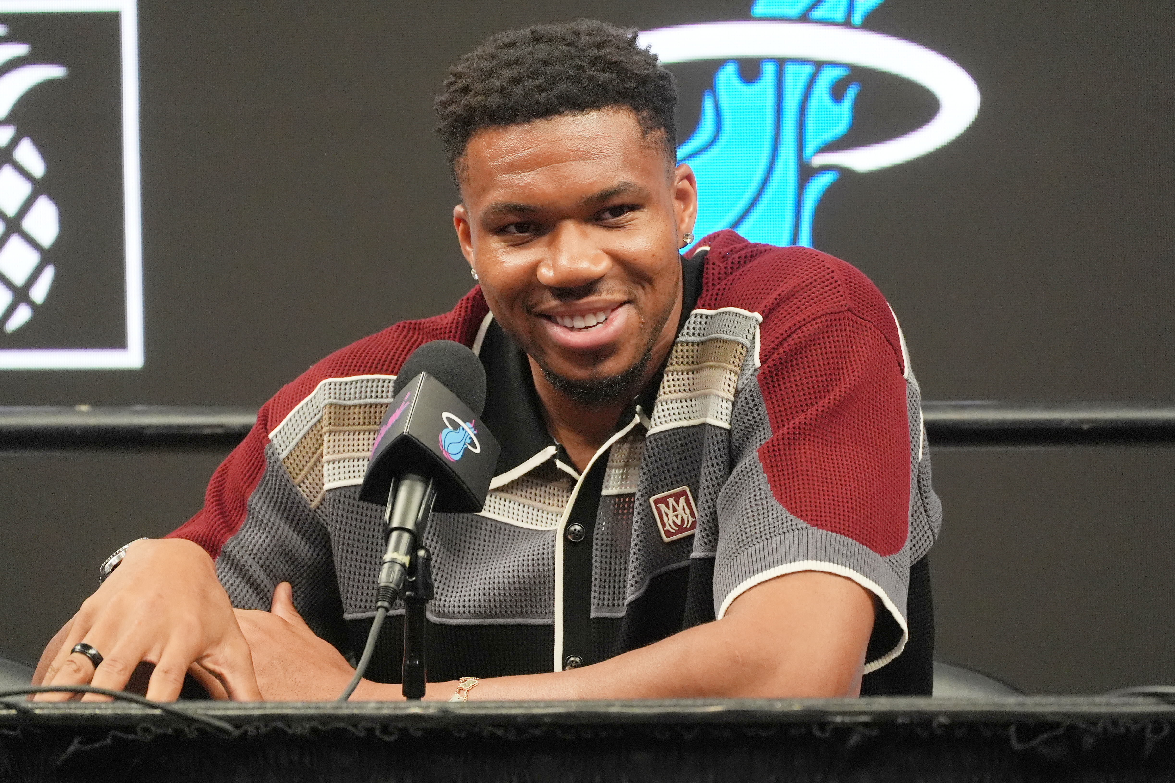 FILE - Giannis Antetokounmpo speaks during a news conference where he is introduced as a new member of the Miami Heat team Thursday, July 16, 2026, in Miami. 
