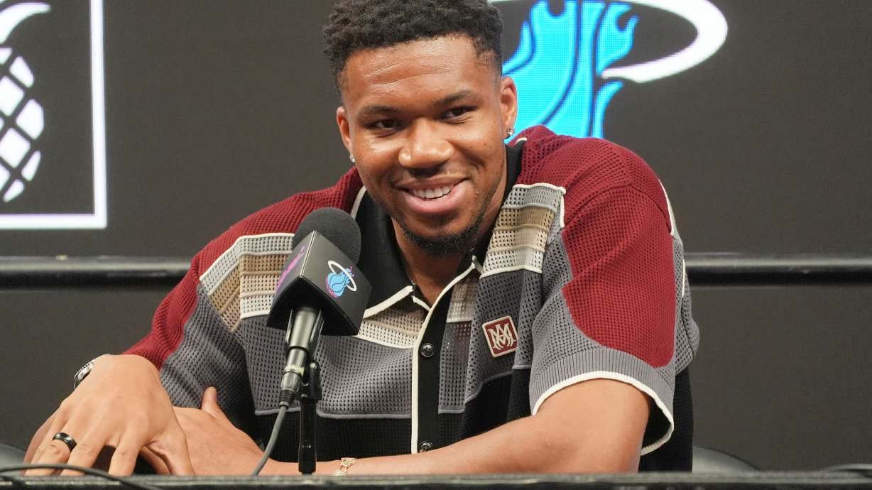 FILE - Giannis Antetokounmpo speaks during a news conference where he is introduced as a new member of the Miami Heat team Thursday, July 16, 2026, in Miami.