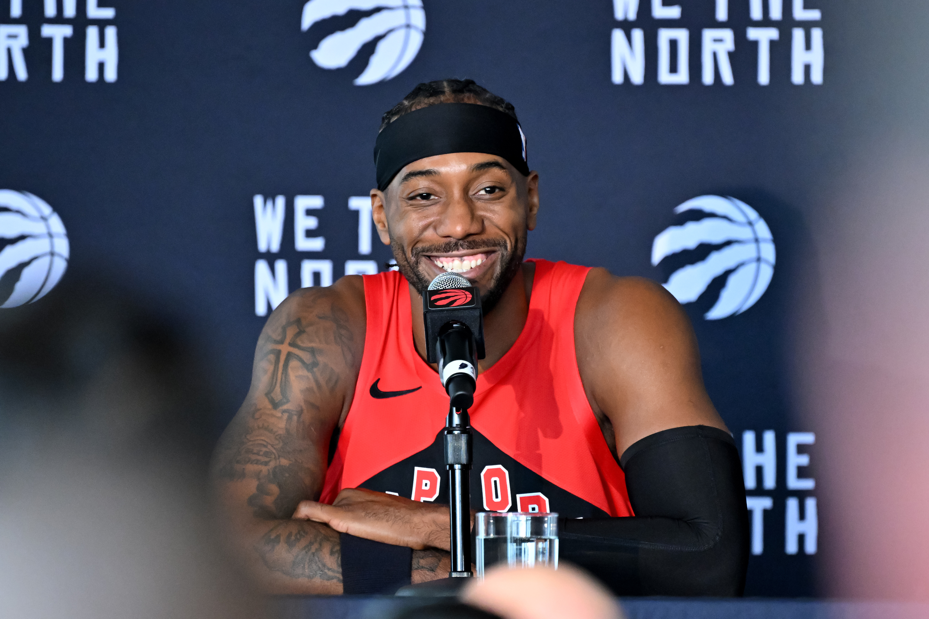Toronto Raptors forward Kawhi Leonard speaks at the Raptors media day in Toronto on Monday, Sept. 28, 2026. 