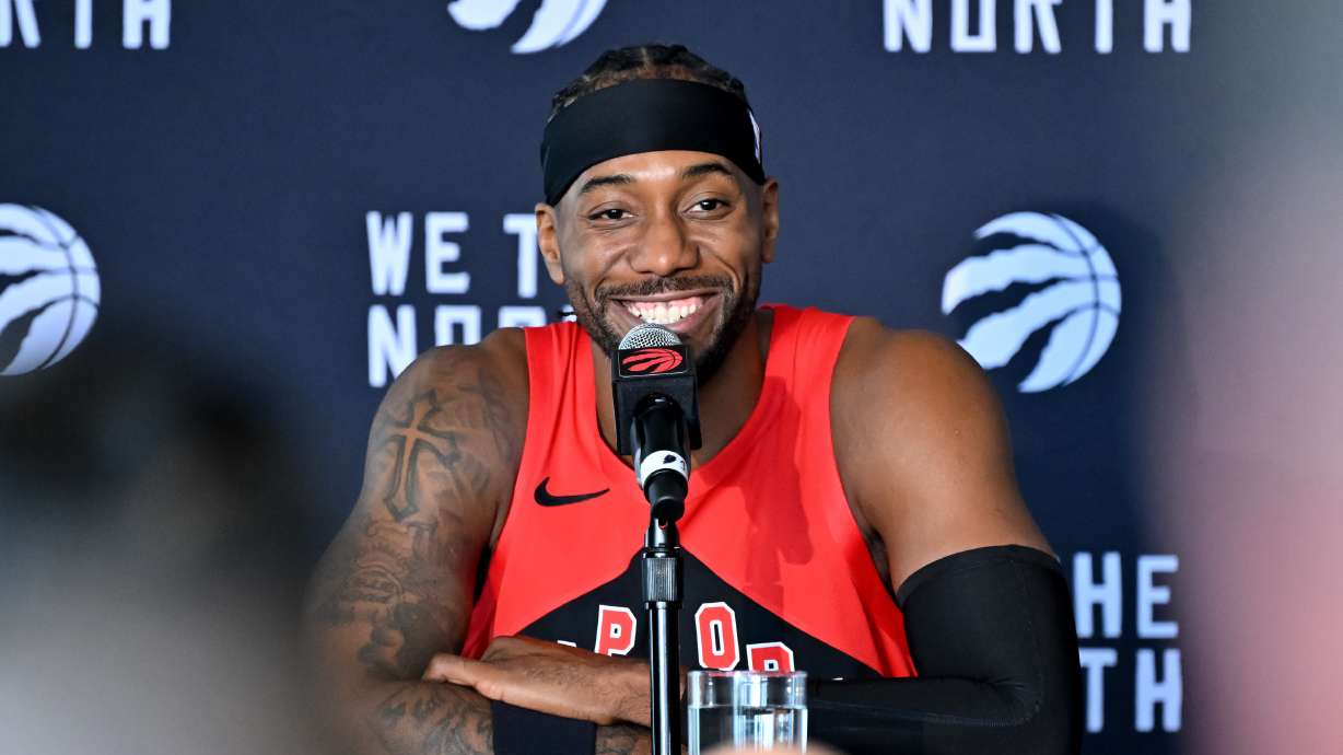 Toronto Raptors forward Kawhi Leonard speaks at the Raptors media day in Toronto on Monday, Sept. 28, 2026.
