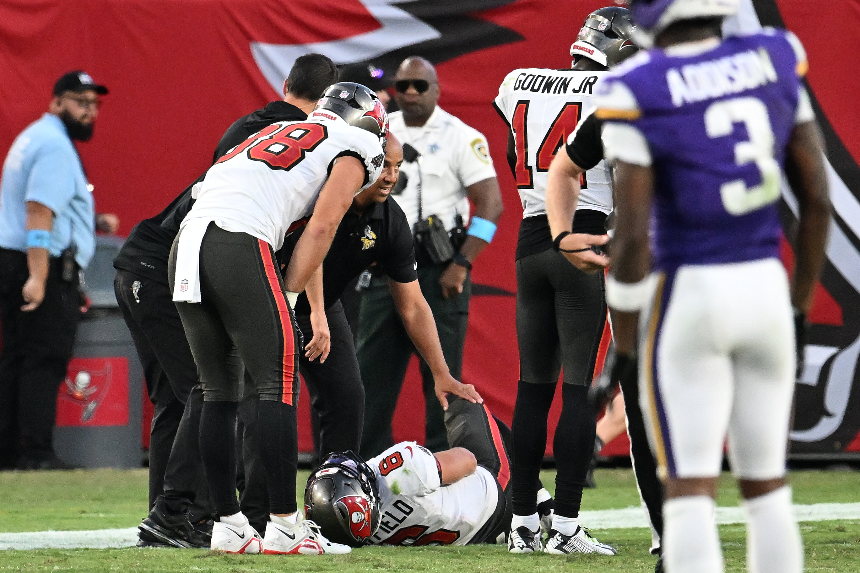 Tampa Bay Buccaneers quarterback Baker Mayfield (6) lays on the ground after sustaining an injury during the second half of an NFL football game against the Minnesota Vikings in Tampa, Fla., Sunday, Sept. 27, 2026. 