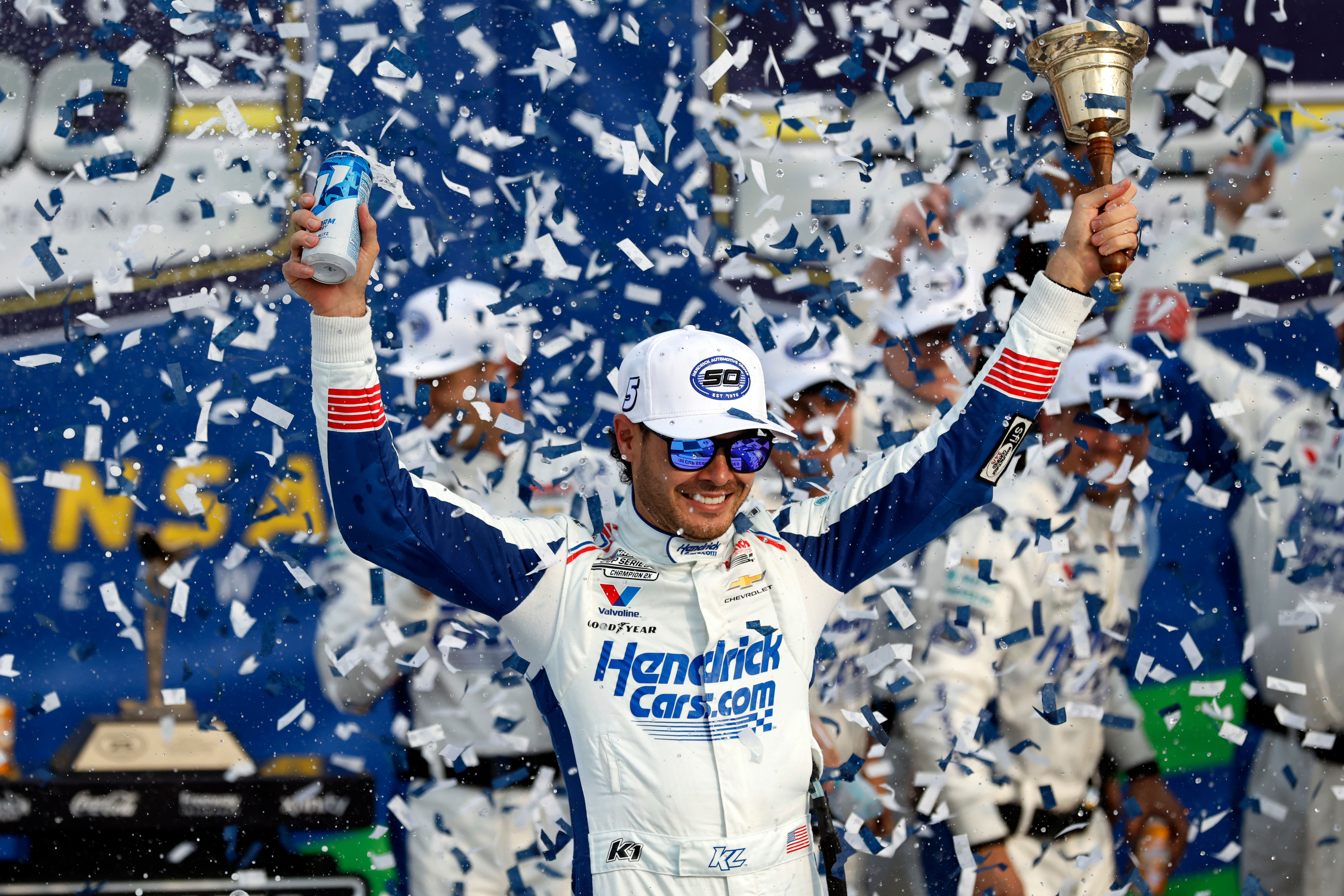 Kyle Larson celebrates in Victory Lane after winning a NASCAR Cup Series auto race in Kansas City, Kan., Sunday, Sept. 27, 2026. 