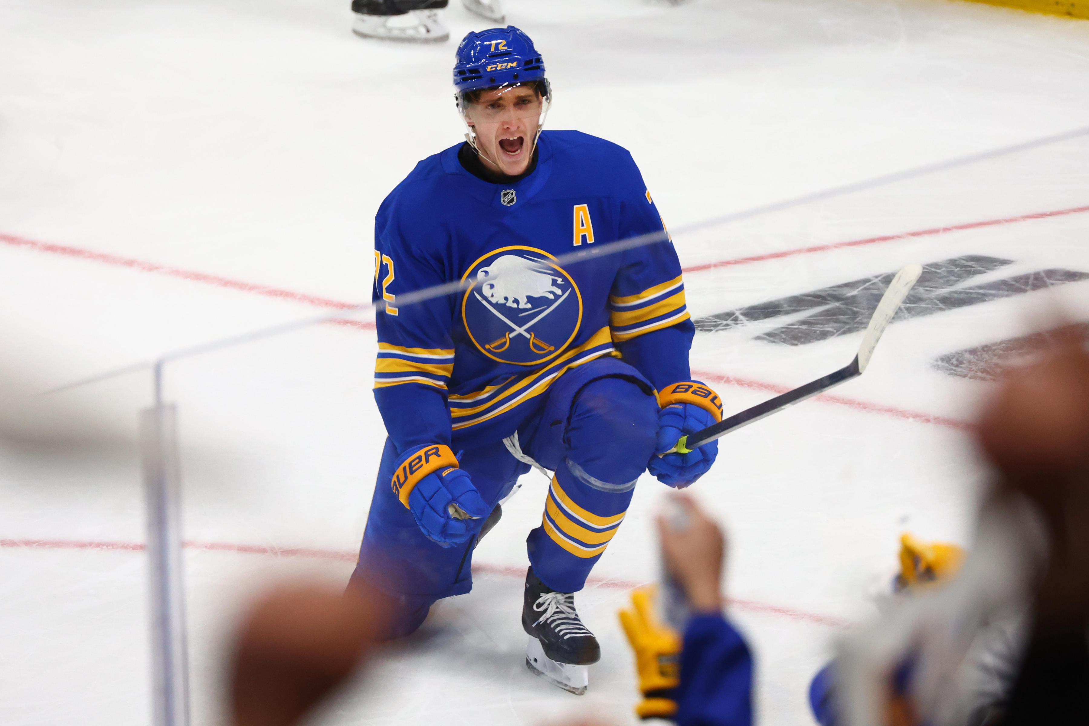FILE - Buffalo Sabres center Tage Thompson (72) celebrates his goal during the third period in Game 1 of a first-round NHL hockey Stanley Cup playoff series against the Boston Bruins on April 19, 2026, in Buffalo, N.Y. 