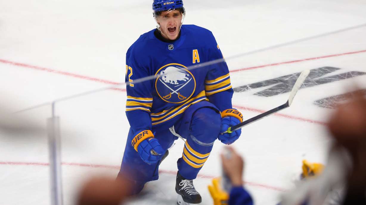 FILE - Buffalo Sabres center Tage Thompson (72) celebrates his goal during the third period in Game 1 of a first-round NHL hockey Stanley Cup playoff series against the Boston Bruins on April 19, 2026, in Buffalo, N.Y.