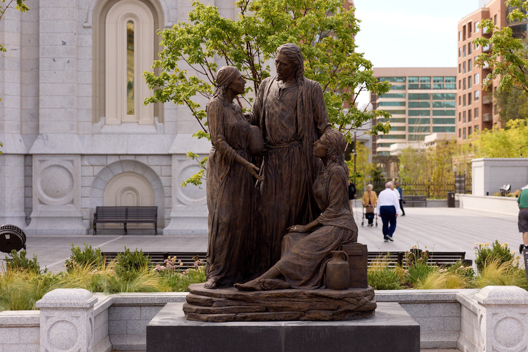 The “Jesus Christ With Mary and Martha” statue is installed at Temple Square on Sept. 15.
