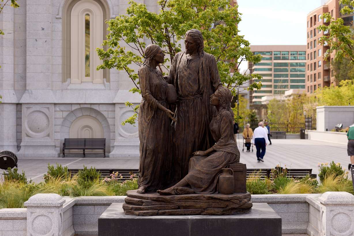 The “Jesus Christ With Mary and Martha” statue is installed at Temple Square on Sept. 15.