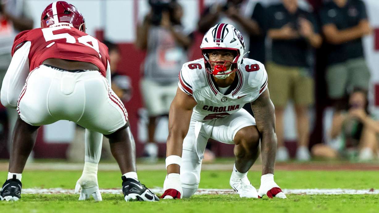 FILE - South Carolina defensive end Dylan Stewart (6) lines up against Alabama during the first half of an NCAA college football game, Sept. 26, 2026, in Tuscaloosa, Ala.