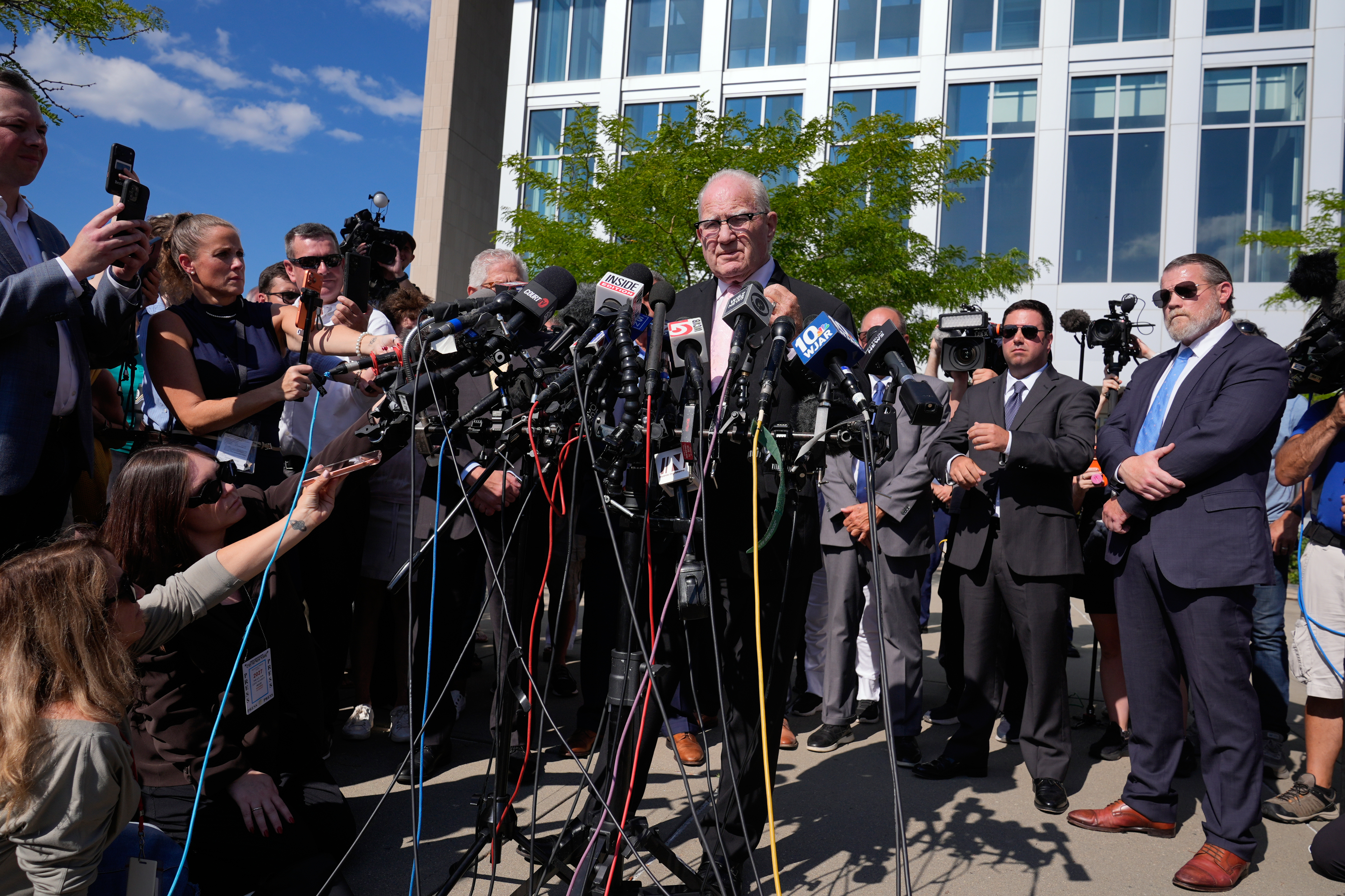 Lawyer Kevin Reddington speaks to media after the judge declared a mistrial in Lindsay Clancy's murder trial at Plymouth County Superior Court, Friday, Sept. 4, in Plymouth, Mass.
