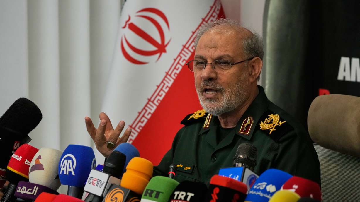 Iran's Revolutionary Guard spokesman Gen. Hossein Mohebbi speaks during a news conference in Tehran, Tuesday. The IRGC urged Americans to rally against President Donald Trump, claiming his war against Iran has failed.