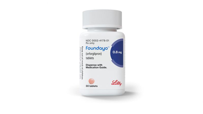 A bottle of Eli Lilly’s Foundayo weight-loss pills in this undated illustration. Eli Lilly/Handout via REUTERS