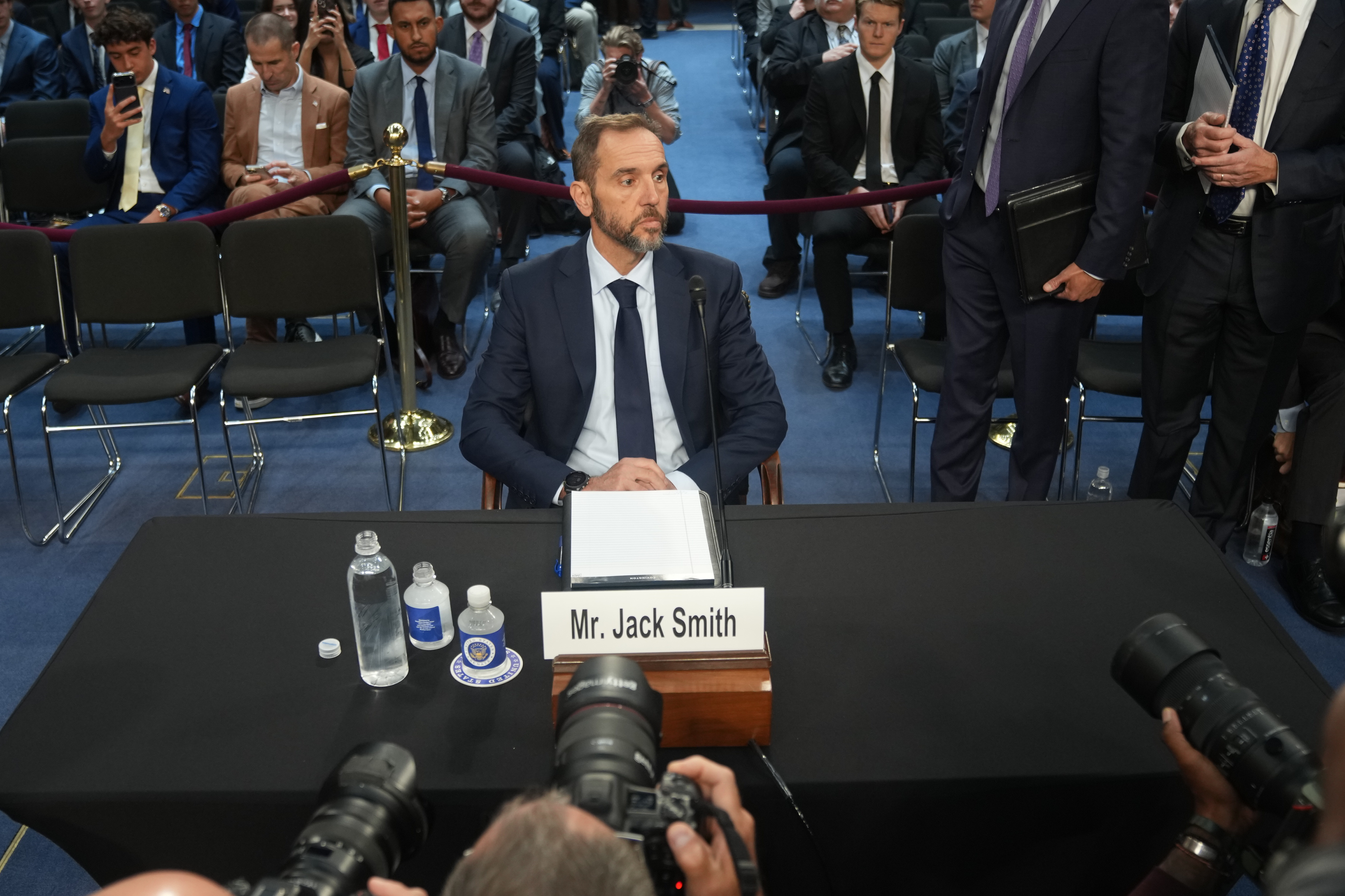Former Justice Department special counsel Jack Smith is seated before he testifies before the Senate Judiciary Committee at the Capitol, Tuesday, in Washington. Smith defended his work as committee Republicans grilled him on his investigative tactics.