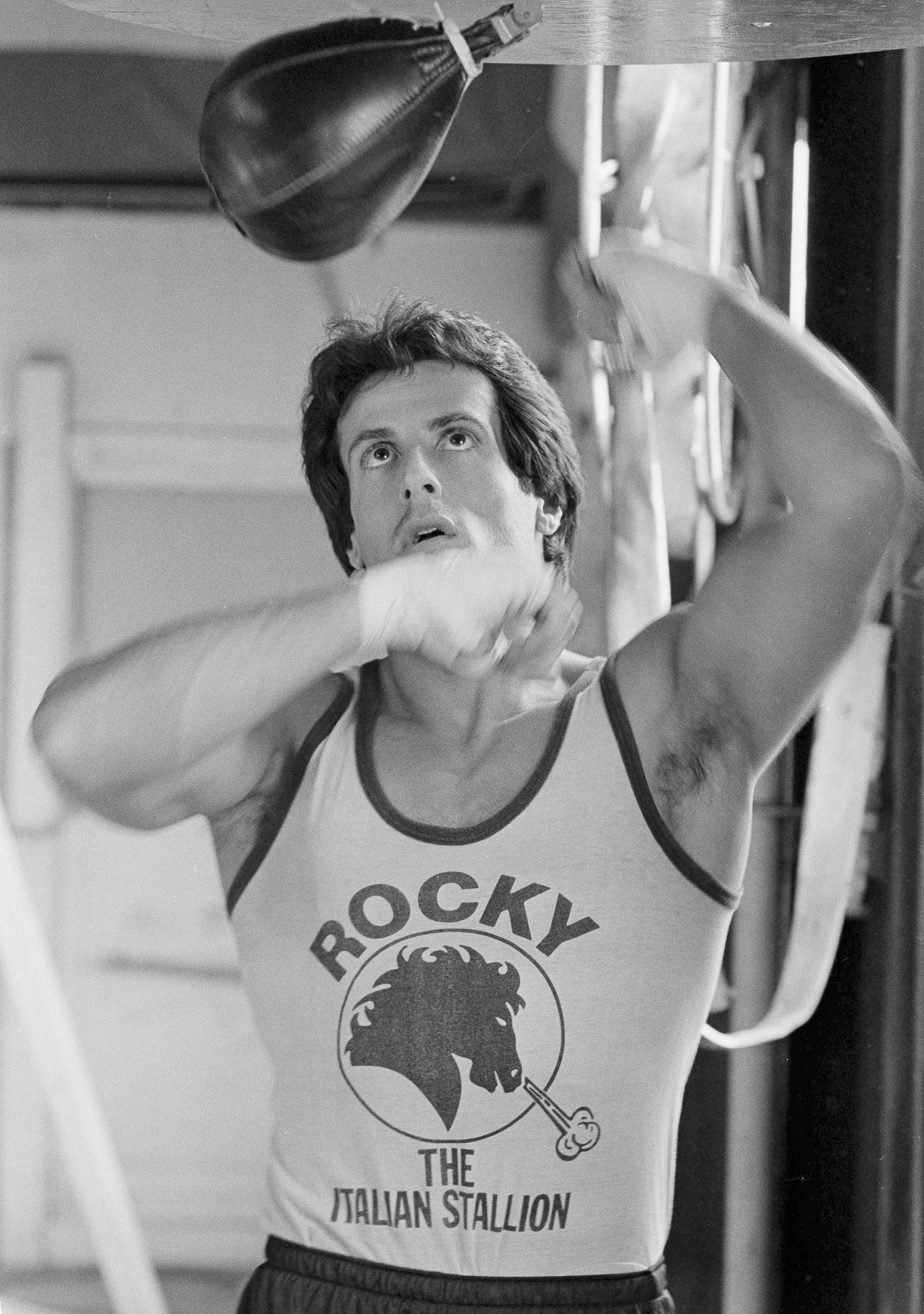 Sylvester Stallone works out on a punching bag in Los Angeles, Feb. 9, 1981.