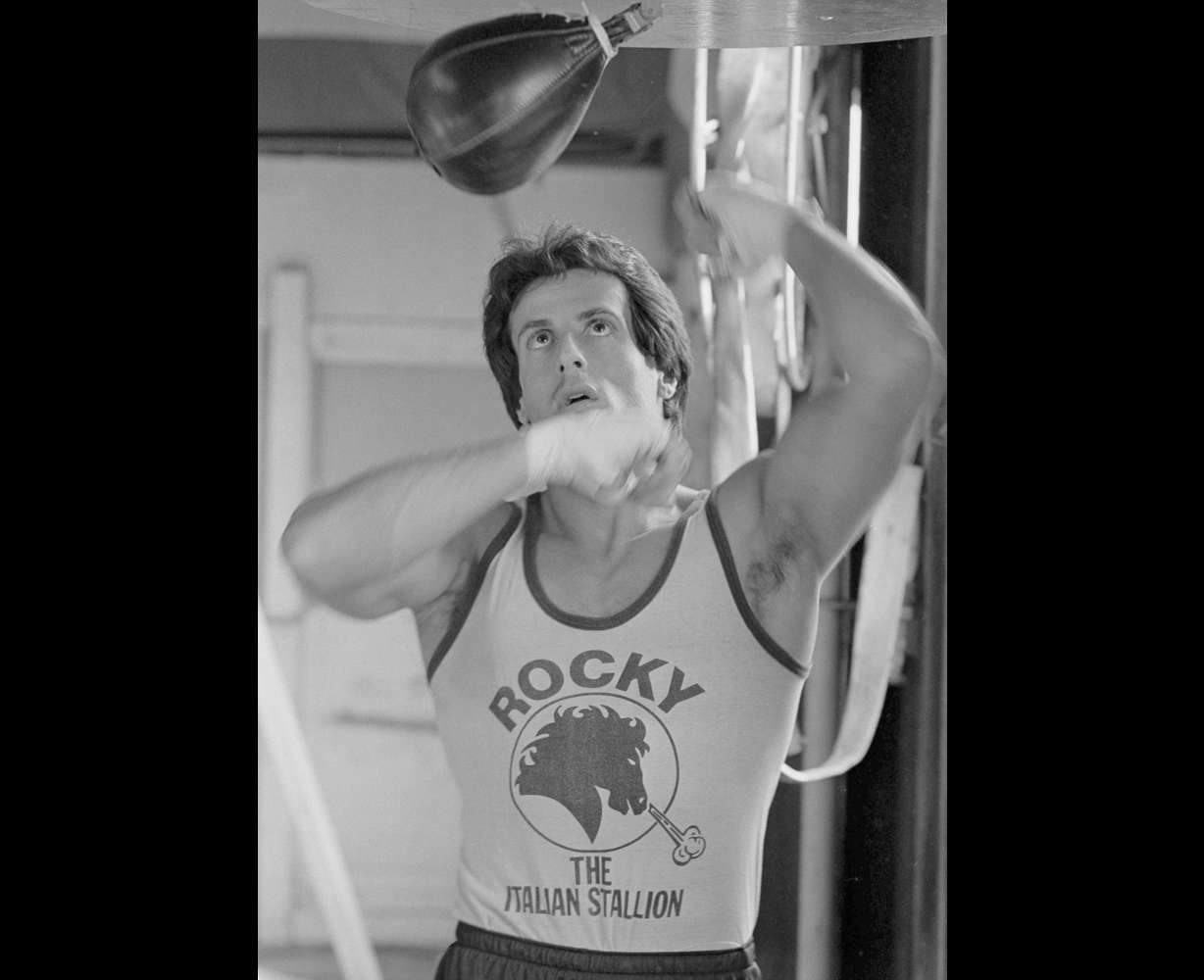 Sylvester Stallone works out on a punching bag in Los Angeles, Feb. 9, 1981.