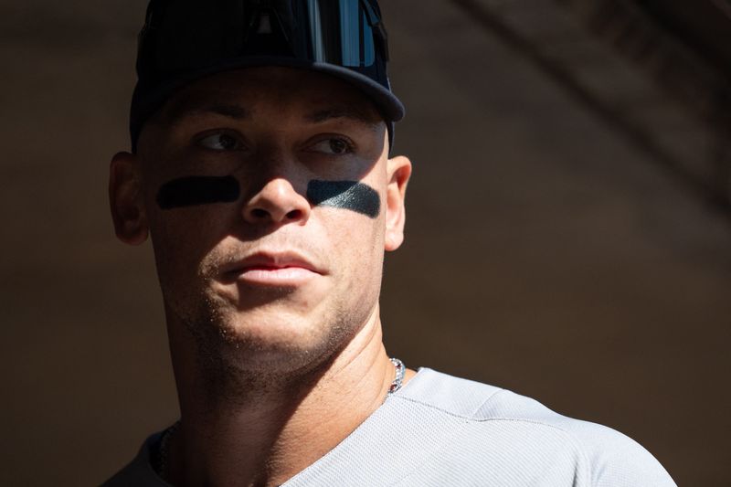 Sep 16, 2026; Minneapolis, Minnesota, USA;  New York Yankees right fielder Aaron Judge (99) before the game against the Minnesota Twins at Target Field.