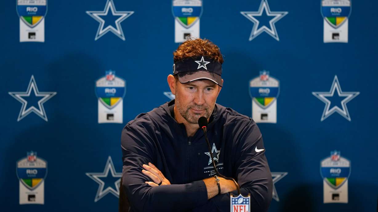Dallas Cowboys head coach Brian Schottenheimer speaks during a press conference after an NFL football game against the Baltimore Ravens in Rio de Janeiro, Sunday, Sept. 27, 2026.