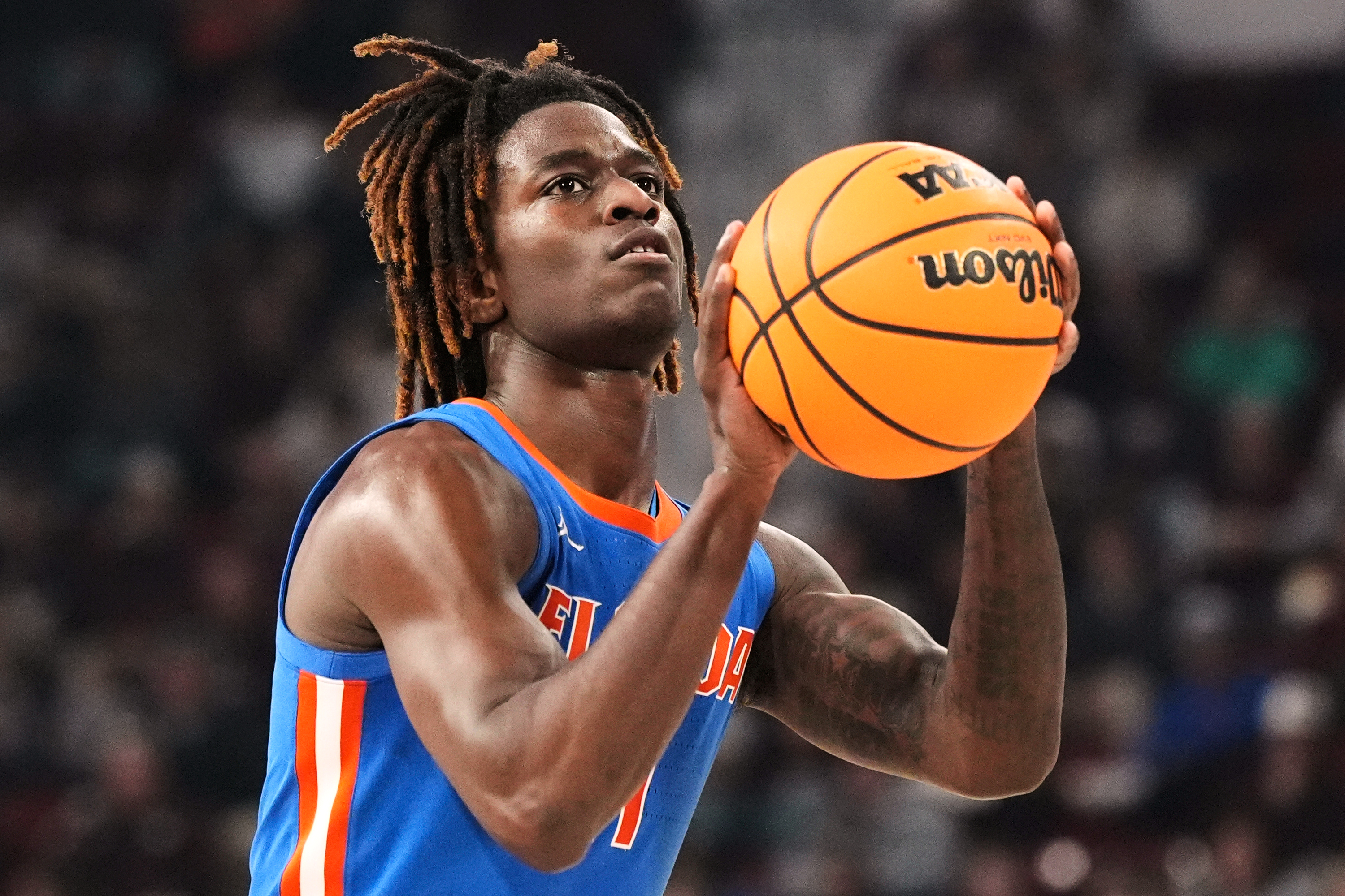 FILE - Florida guard Denzel Aberdeen shoots a free throw during the first half of their NCAA college basketball game against Mississippi State, Feb. 11, 2025, in Starkville, Miss. 
