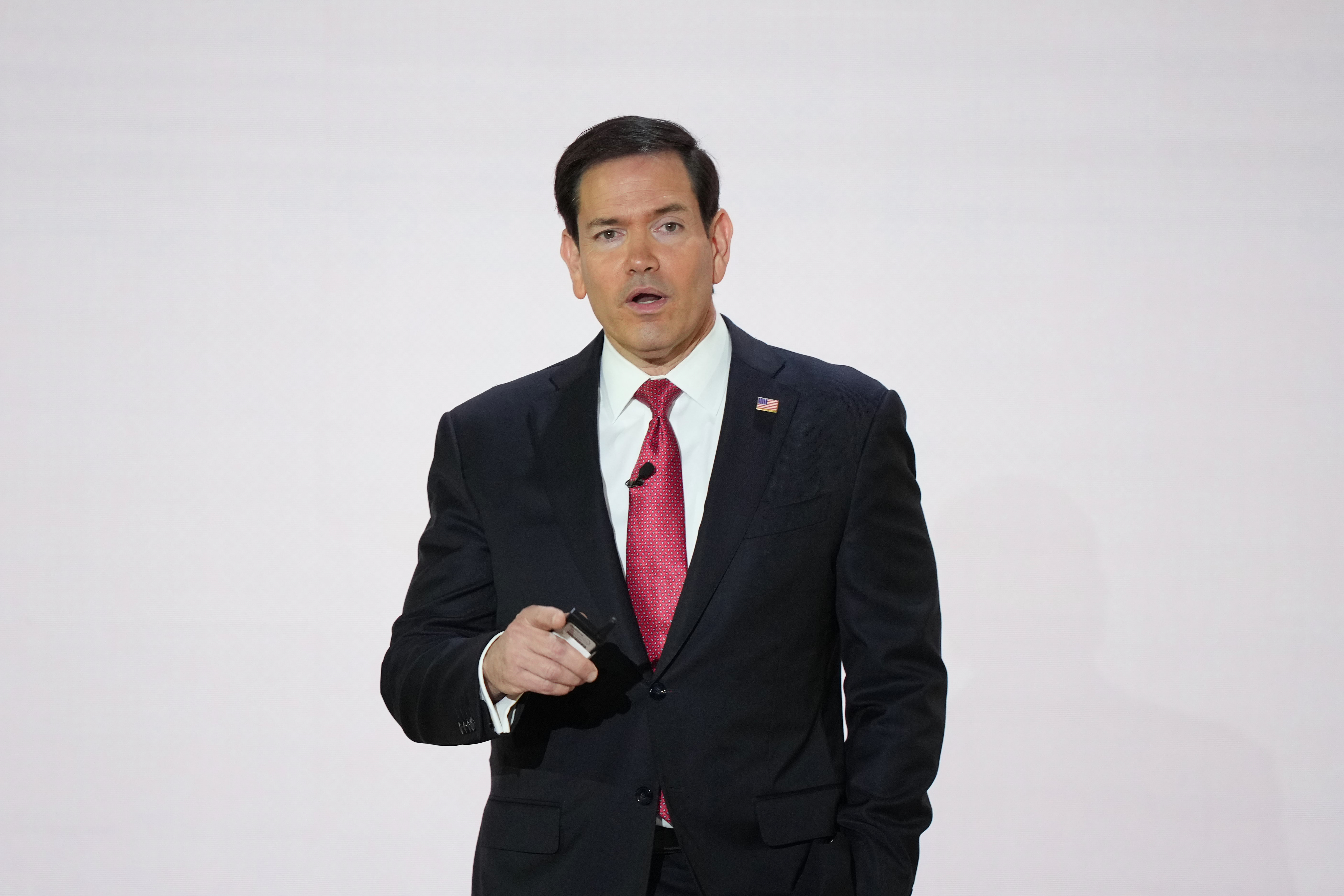 Secretary of State Marco Rubio, addresses members of the audience ahead of President Donald Trump's scheduled remarks at the Andrew W. Mellon Auditorium, Tuesday, in Washington. Salah Sarsour is set to be deported on the immigration directive given by Rubio in 2025.