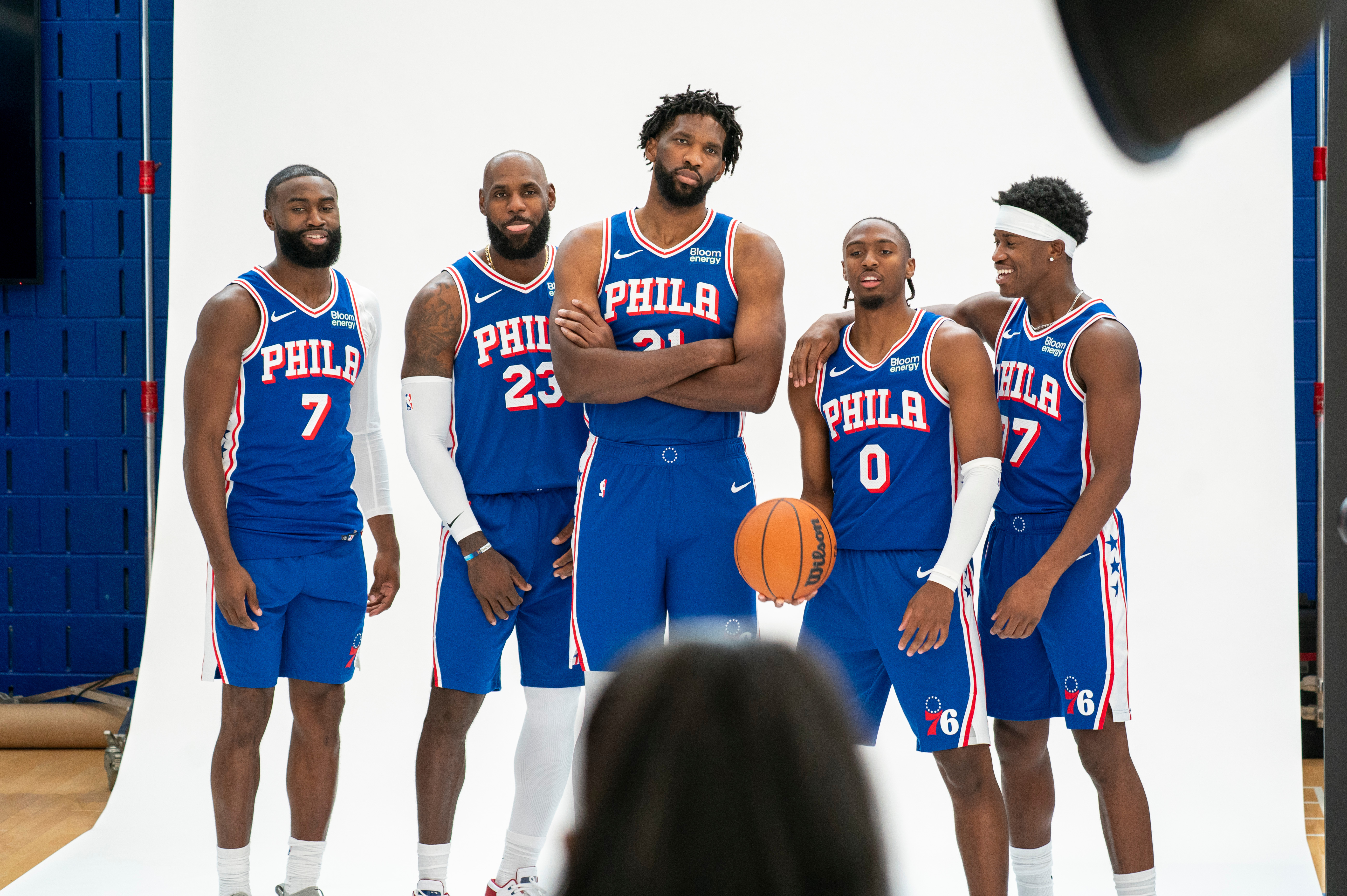 Philadelphia 76ers' Jaylen Brown, LeBron James, Joel Embiid, Tyrese Maxey, and VJ Edgecombe *left to right pose for photos during the NBA basketball team's media day, Monday, Sept. 28, 2026, in Camden, N.J.. 
