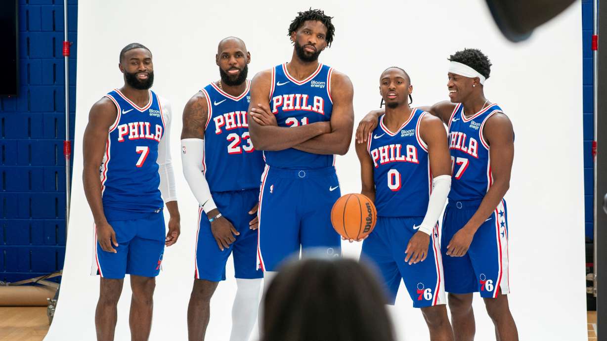 Philadelphia 76ers' Jaylen Brown, LeBron James, Joel Embiid, Tyrese Maxey, and VJ Edgecombe *left to right pose for photos during the NBA basketball team's media day, Monday, Sept. 28, 2026, in Camden, N.J..