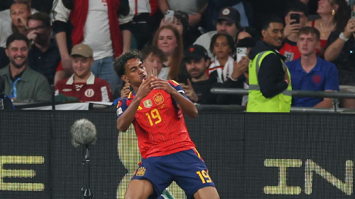 Spain's Lamine Yamal celebrates after scoring the opening goal during the Nations League Soccer match between England and Spain in London, Saturday, Sept. 26, 2026.