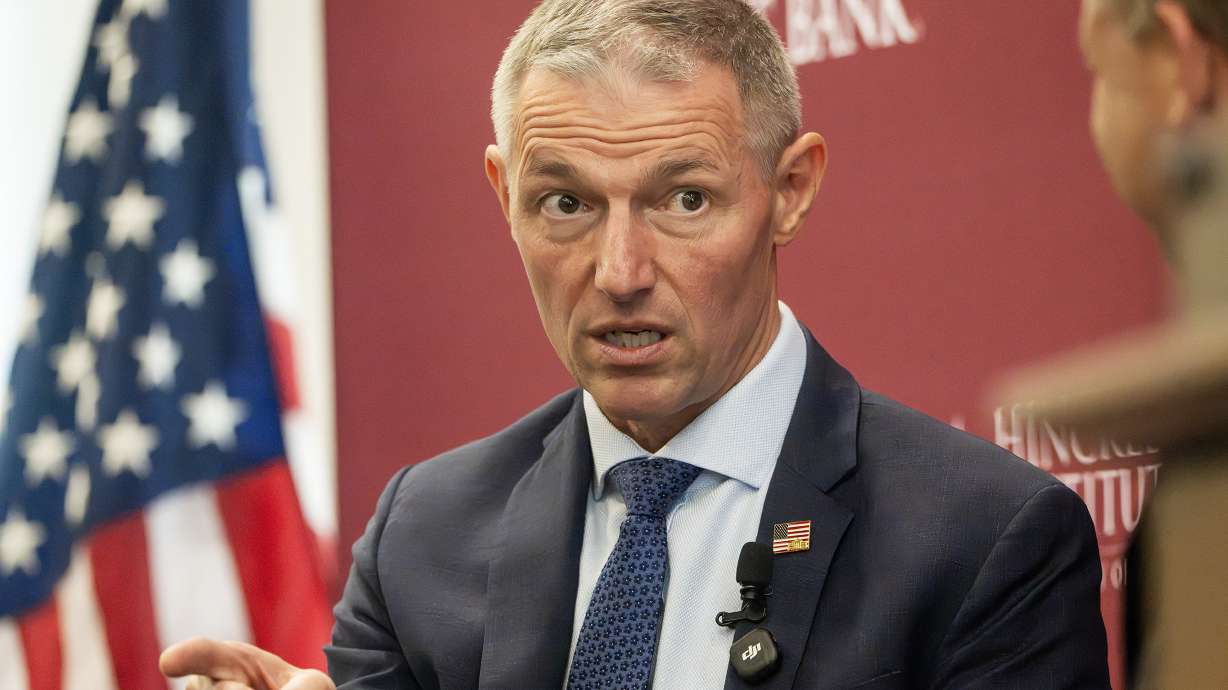 Rep. Mike Kennedy, R-Utah, sits down with Utah Sen. Todd Weiler, R-Woods Cross, at Sutherland Institute's Congressional Series at the University of Utah in Salt Lake City on Tuesday.