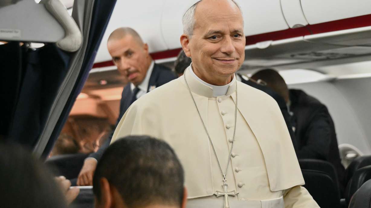 Pope Leo XIV speaks to journalists aboard the flight from Metz, France, to Rome, at the end of his four-day visit to France, Monday, Sept. 28, 2026.