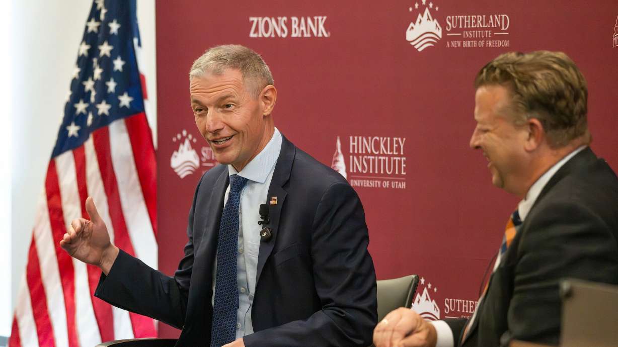 Rep. Mike Kennedy sits down with state Sen. Todd Weiler, R-Woods Cross, for a discussion at Sutherland Institute's Congressional Series at the University of Utah in Salt Lake City on Tuesday.