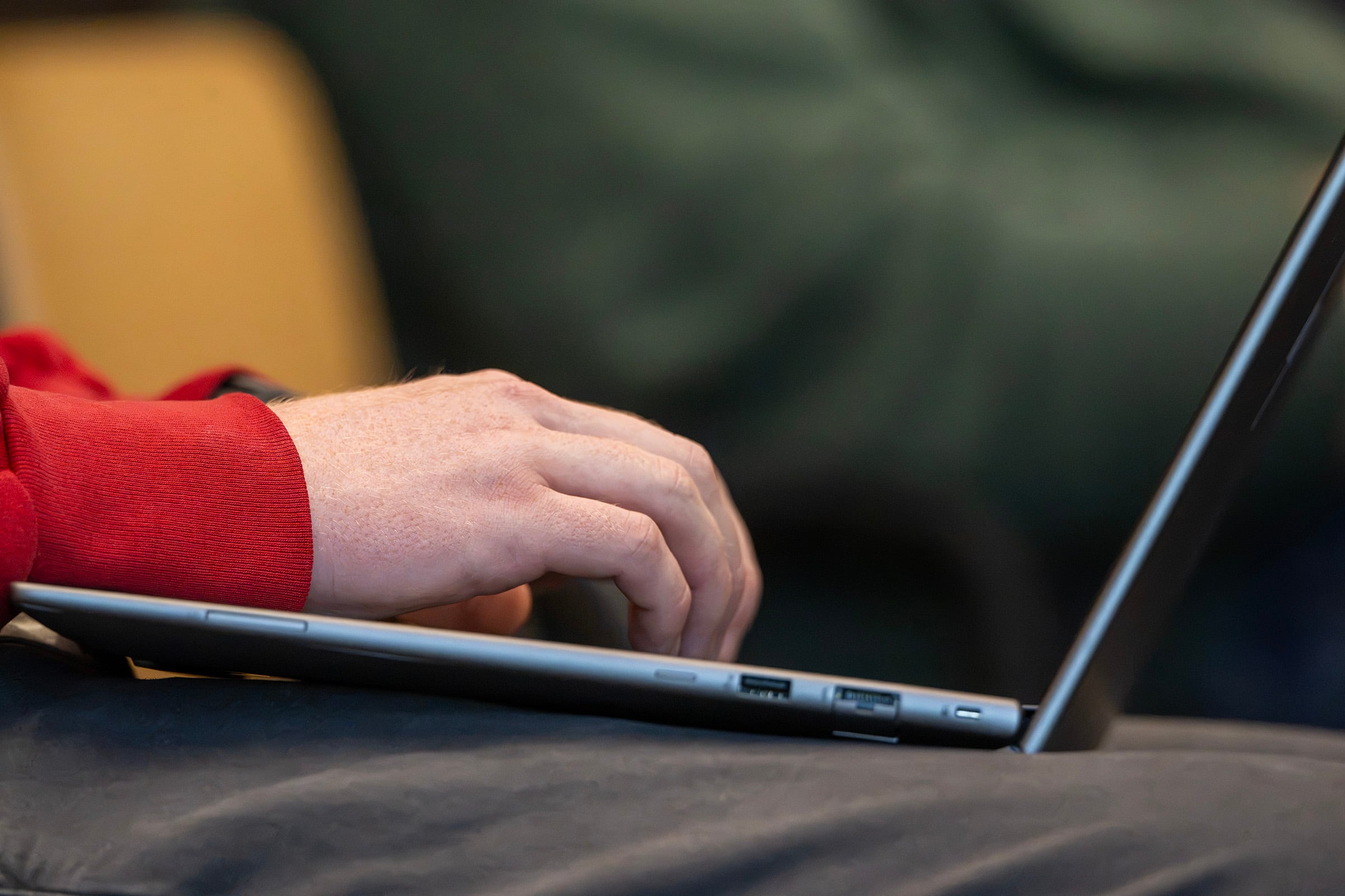 A student takes notes on a computer while listening to Rep. Mike Kennedy, R-Utah, speak with state Sen. Todd Weiler, R-Woods Cross, at Sutherland Institute's Congressional Series at the University of Utah in Salt Lake City on Tuesday. Kennedy spoke about how states must make decisions on healthcare.
