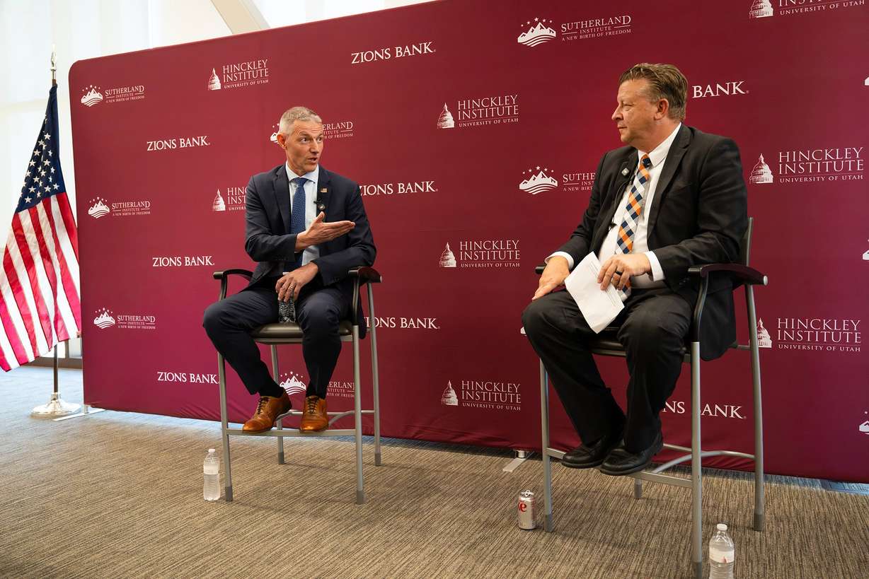 Rep. Mike Kennedy, R-Utah, sits down with state Sen. Todd Weiler, R-Woods Cross, at Sutherland Institute's Congressional Series at the University of Utah in Salt Lake City on Tuesday. Kennedy spoke about how states must make decisions on healthcare.