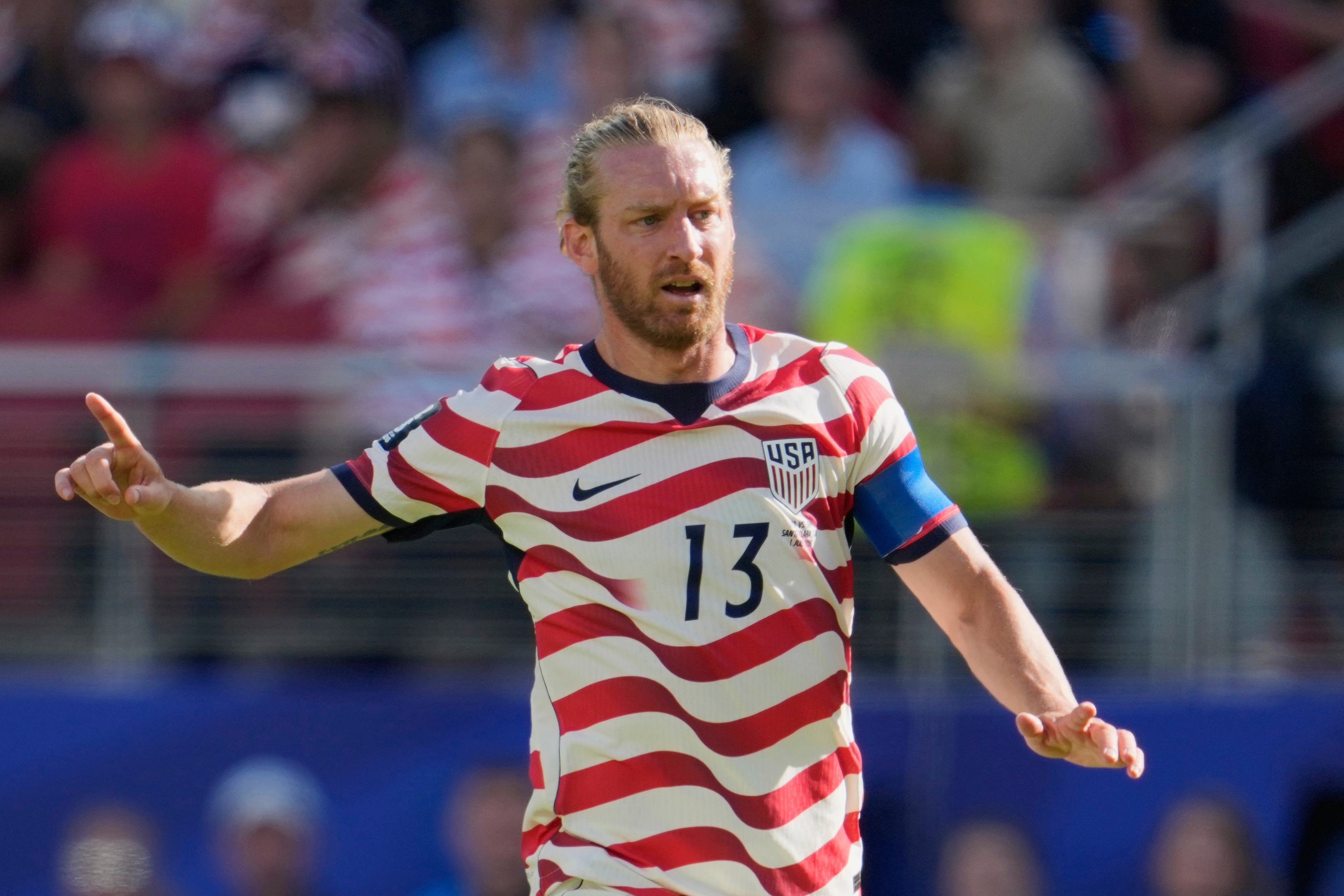 FILE - United States' Tim Ream (13) in action during the World Cup round of 32 soccer match between the United States and Bosnia in Santa Clara, Calif., near San Francisco, Wednesday, July 1, 2026. 