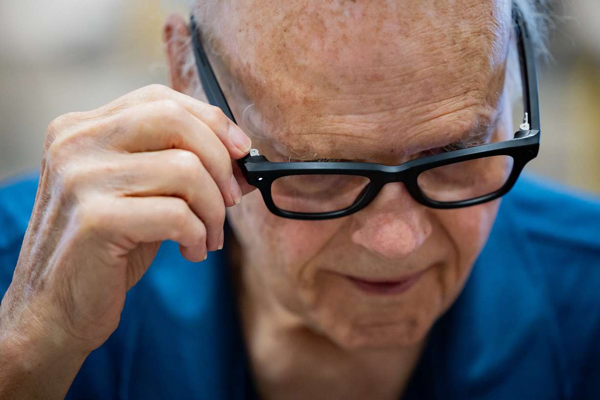 Larry Wade, local veteran from Utah, tries on Ray-Ban Meta AI glasses and receives training on how to use the glasses to improve his life at the Utah Division of Services for the Blind and Visually Impaired in Salt Lake City on Tuesday.